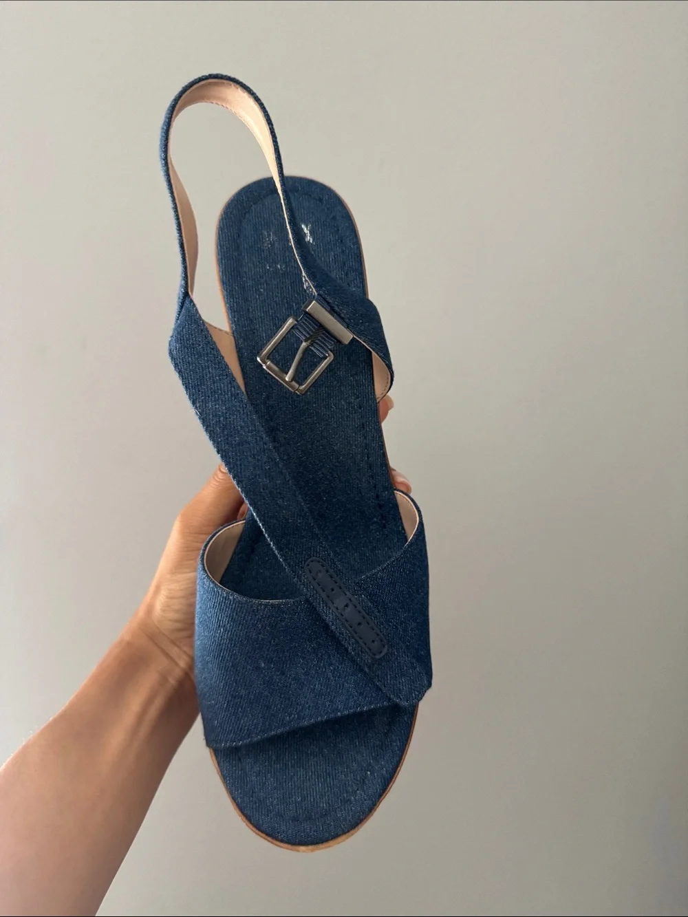 Mix No. 6 Denim Blue Platform Sandal with Wood-Tone Heel